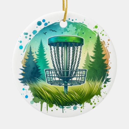 Disc Golf Basket and Pine Trees Blue and Green Ceramic Ornament