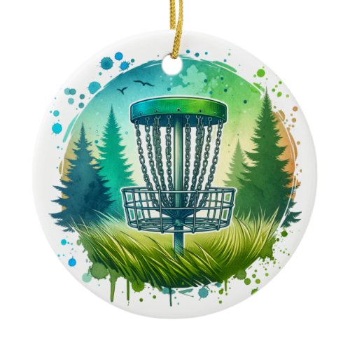 Disc Golf Basket and Pine Trees Blue and Green Ceramic Ornament
