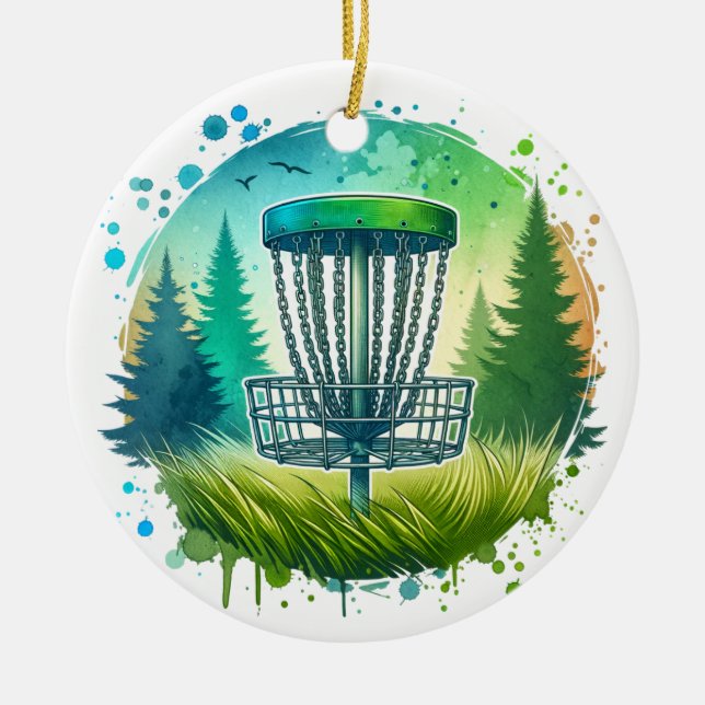 Disc Golf Basket and Pine Trees Blue and Green Ceramic Ornament (Front)