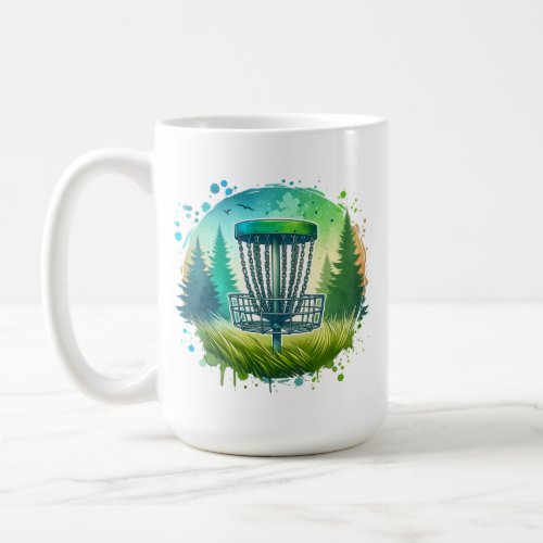 Disc Golf Basket and Pine Trees Blue and Green Coffee Mug