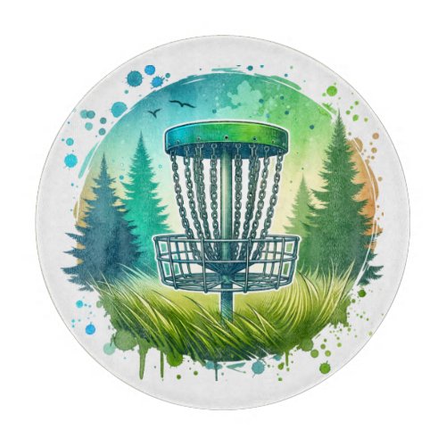 Disc Golf Basket and Pine Trees Blue and Green Cutting Board