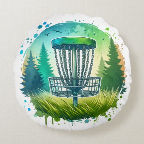 Disc Golf Basket and Pine Trees Blue and Green Round Pillow