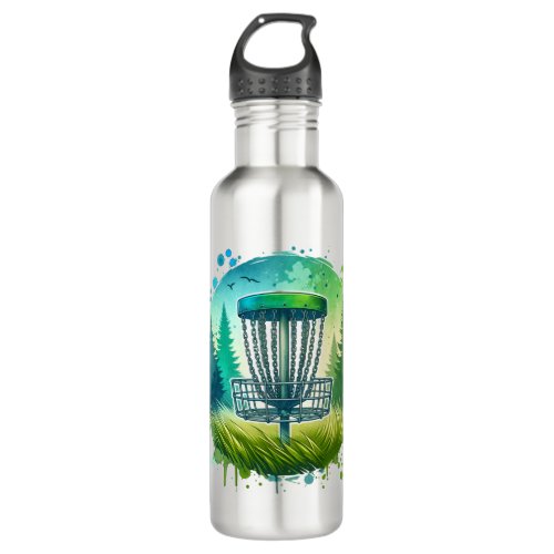 Disc Golf Basket and Pine Trees Blue and Green Stainless Steel Water Bottle