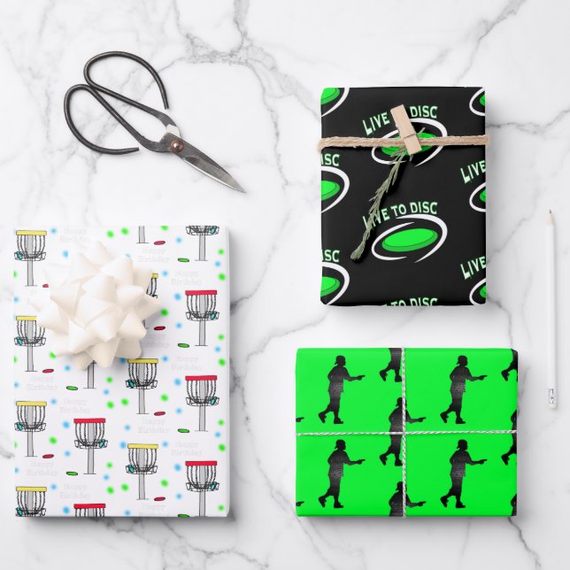 Disc Golf Black, Lime Green and White Birthday Wrapping Paper Sheets (Front)