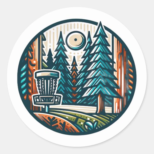 Disc Golf in the Woods Retro Vibe Art Classic Round Sticker
