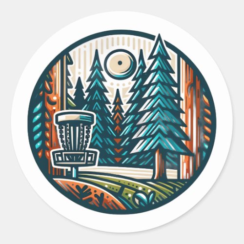 Disc Golf in the Woods Retro Vibe Art Classic Round Sticker