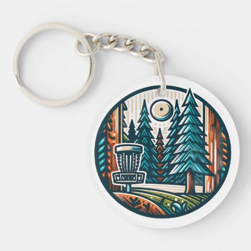 Disc Golf in the Woods Retro Vibe Art Keychain