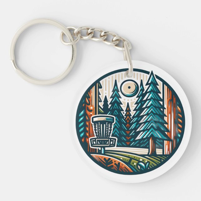 Disc Golf in the Woods Retro Vibe Art Keychain (Front)