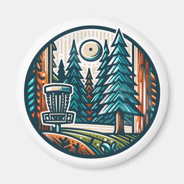 Disc Golf in the Woods Retro Vibe Art Magnet (Front)