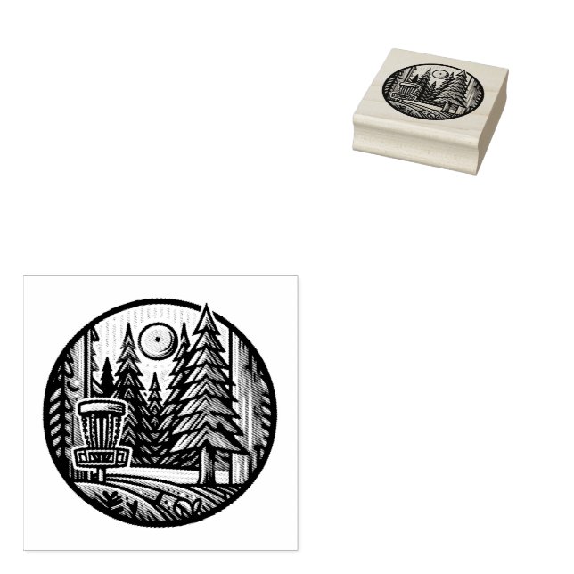 Disc Golf in the Woods Retro Vibe Art Rubber Stamp (Stamped)