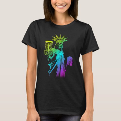 Disc Golf Player Gothic Skeleton Statue Of Liberty T_Shirt