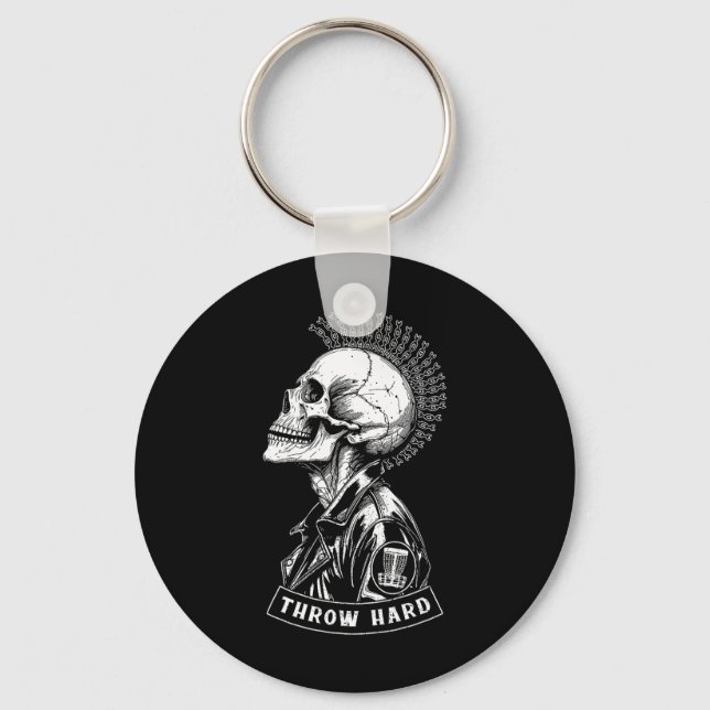 Disc Golf Player Punk Rock Skull Mohawk Throw Hard Keychain (Front)