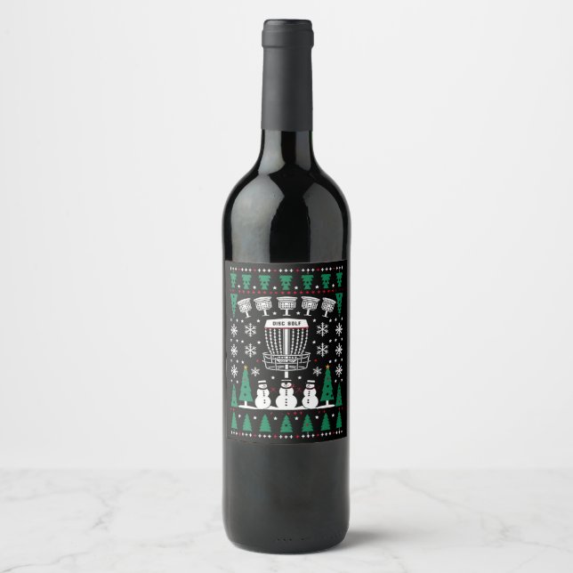 Disc Golf Ugly Christmas Sweater Pajama Gifts Wine Label (Front)