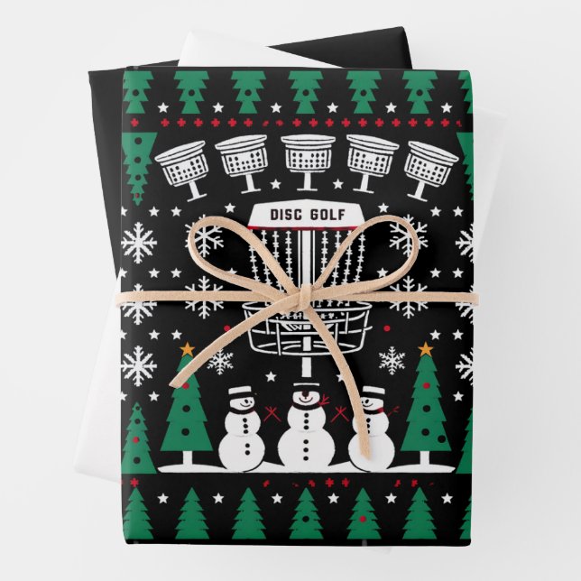 Disc Golf Ugly Christmas Sweater Pajama Gifts Wrapping Paper Sheets (In situ)