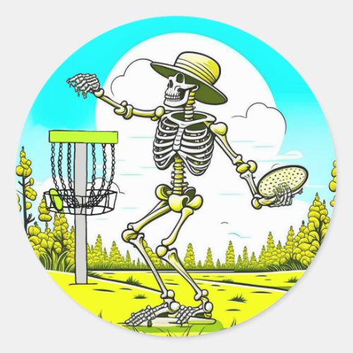 Disc Golfing Skeleton in Hat Retro  Classic Round Sticker
