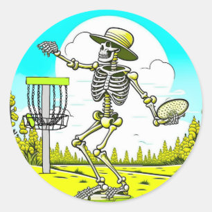 Disc Golfing Skeleton in Hat Retro Classic Round Sticker