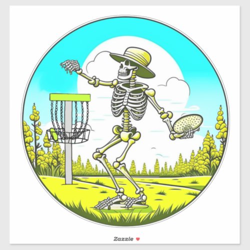 Disc Golfing Skeleton in Hat Retro  Sticker