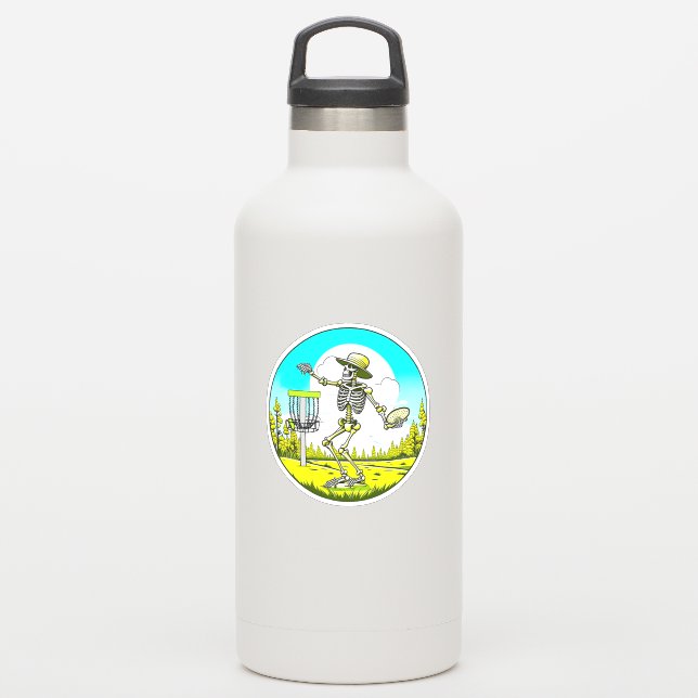 Disc Golfing Skeleton in Hat Retro  Sticker (Waterbottle)