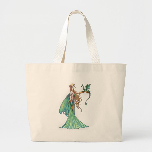 Discipline Green Fairy Dragon by Molly Harrison Large Tote Bag (Front)