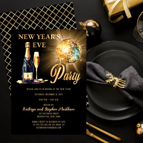 Disco and Champagne Black Gold New Years Eve Party Invitation