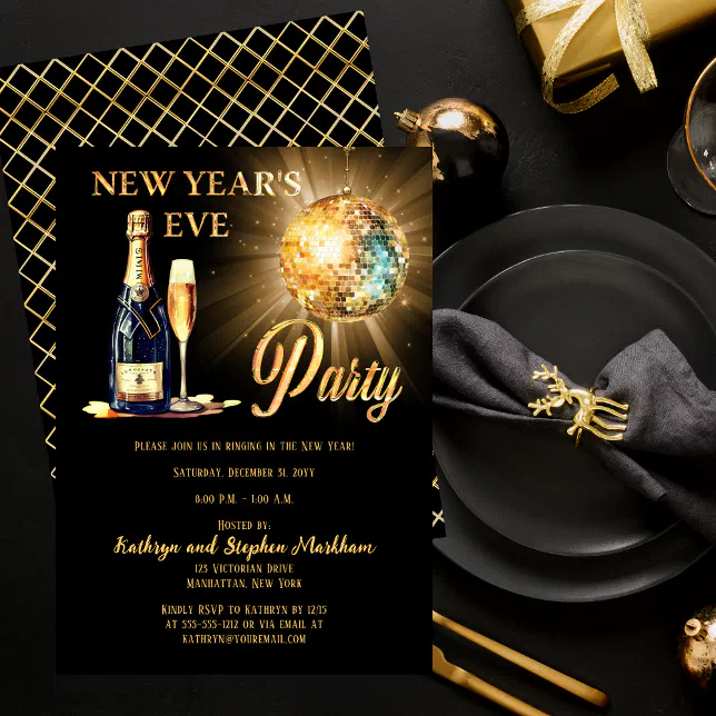 Disco and Champagne Black Gold New Years Eve Party Invitation | Zazzle