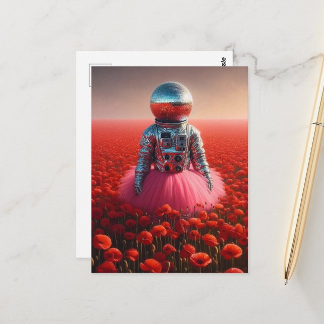 disco astronaut in a red poppy field  postcard (Front/Back In Situ)