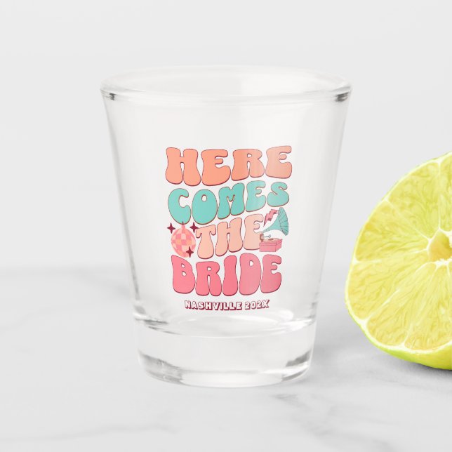 Disco Bachelorette Party Retro 80's 70's Groovy Shot Glass (Front)