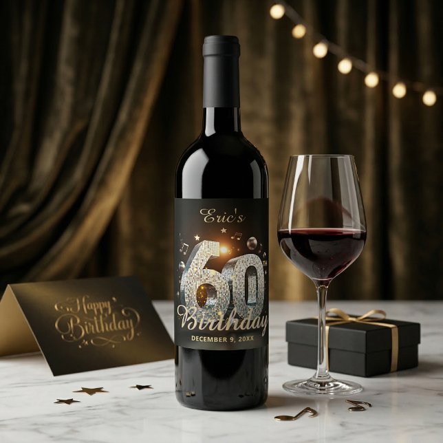 Disco Ball 60th Birthday Music Notes Black Gold Wine Label (Creator Uploaded)