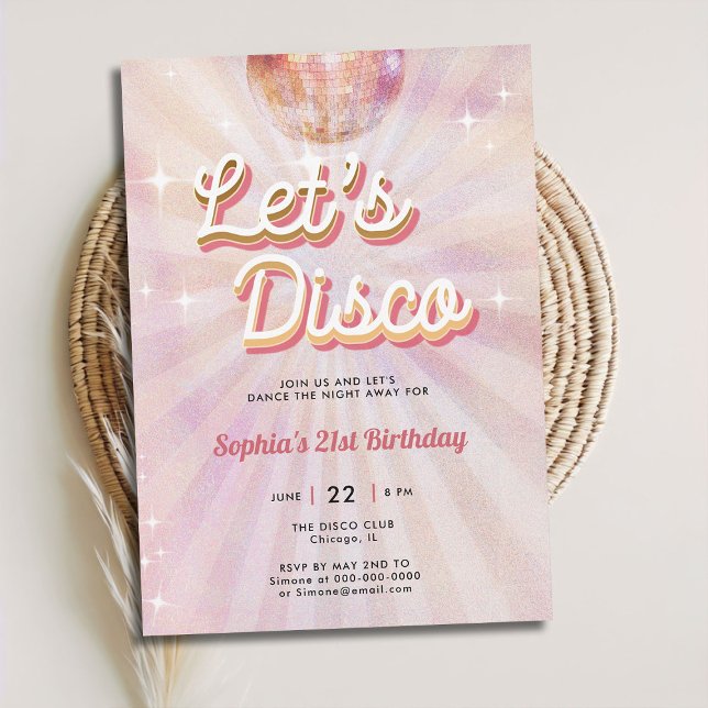 Disco Ball 70s Dance Party Retro 21st Birthday Invitation (lets disco 70s dance party 21st birthday invitation girls blush pink vintage retro sparkle glitter)