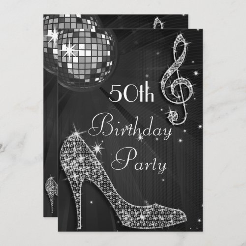 Disco Ball and Heels Black  50th Birthday Invitation