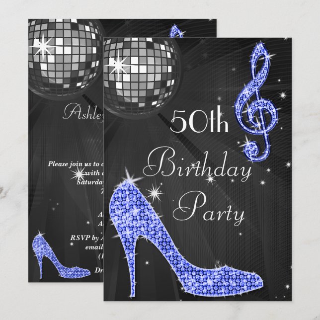 Disco Ball and Heels Black & Blue 50th Birthday Invitation (Front/Back)