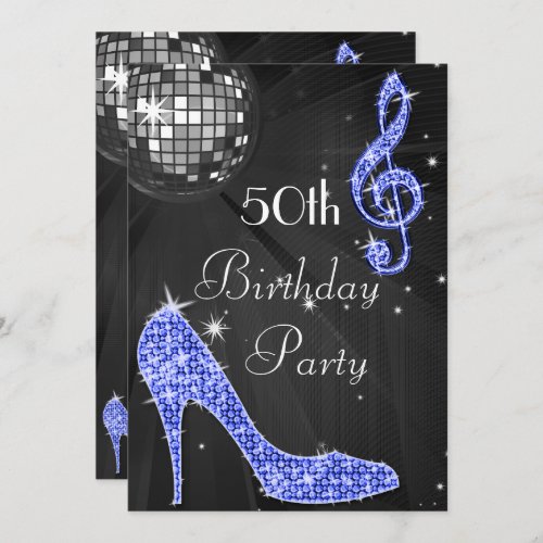 Disco Ball and Heels Black  Blue 50th Birthday Invitation