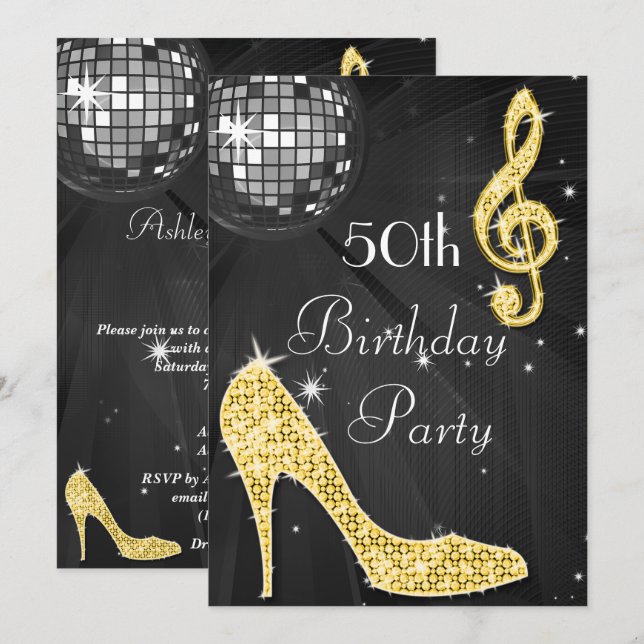 Disco Ball and Heels Black & Gold 50th Birthday Invitation (Front/Back)