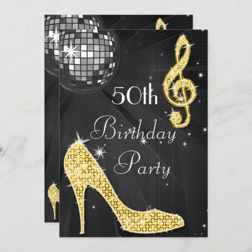 Disco Ball and Heels Black  Gold 50th Birthday Invitation