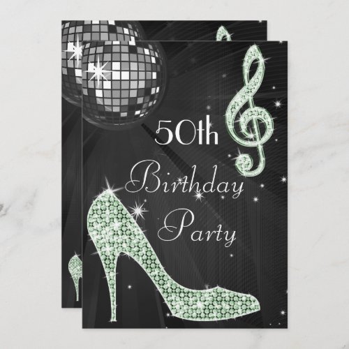 Disco Ball and Heels Black  Mint 50th Birthday Invitation