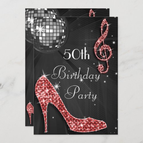 Disco Ball and Heels Black  Red 50th Birthday Invitation