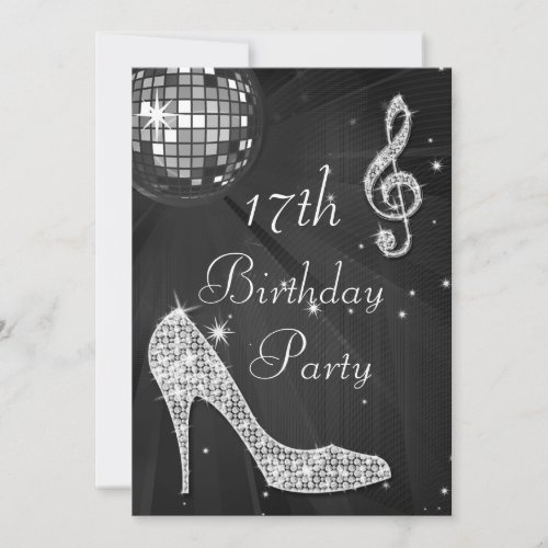 Disco Ball and Heels Black  Silver 17th Birthday Invitation