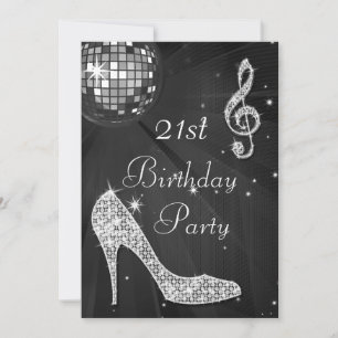 Disco Ball and Heels Black & Silver 21st Birthday Invitation