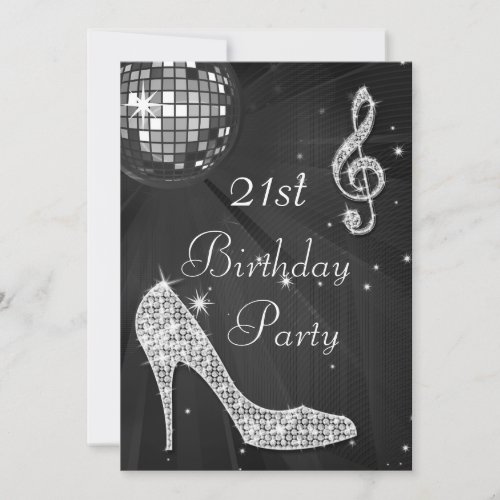 Disco Ball and Heels Black  Silver 21st Birthday Invitation
