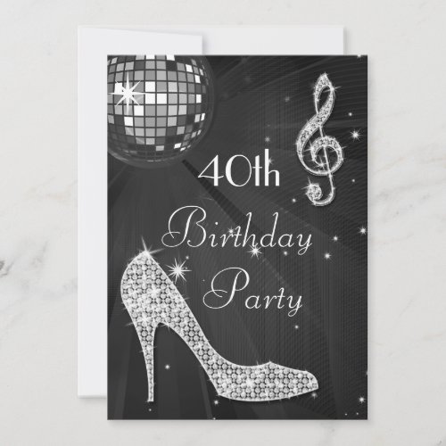 Disco Ball and Heels Black  Silver 40th Birthday Invitation