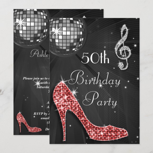 Disco Ball and Heels Black & Silver 50th Birthday Invitation (Front/Back)