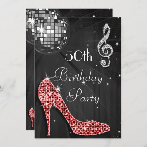 Disco Ball and Heels Black  Silver 50th Birthday Invitation