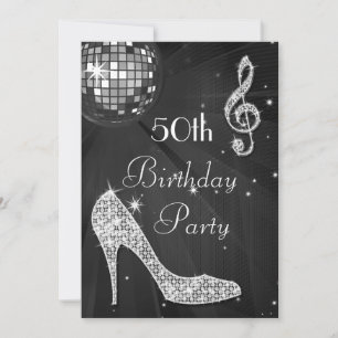 Disco Ball and Heels Black & Silver 50th Birthday Invitation