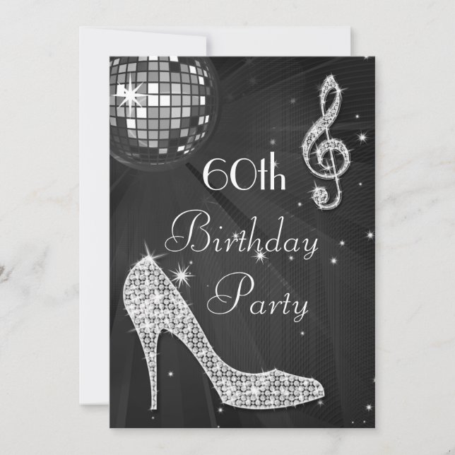 Disco Ball and Heels Black & Silver 60th Birthday Invitation (Front)