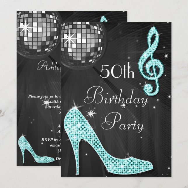 Disco Ball and Heels Black & Teal 50th Birthday Invitation (Front/Back)
