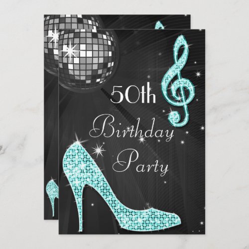 Disco Ball and Heels Black  Teal 50th Birthday Invitation