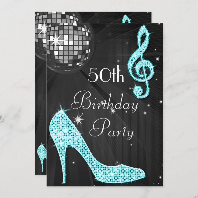 Disco Ball and Heels Black & Turquoise 50th Invitation (Front/Back)