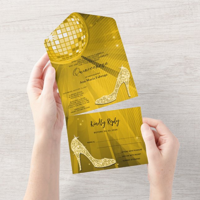 Disco Ball and Heels Gold Quinceañera All In One Invitation (Tearaway)