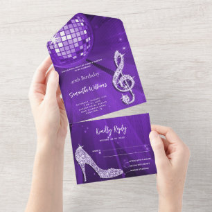 Disco Ball and Heels Purple Birthday All In One Invitation