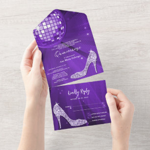 Disco Ball and Heels Purple Quinceañera All In One Invitation
